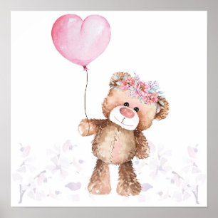 Poster - Girl Baby Bear With Balloon