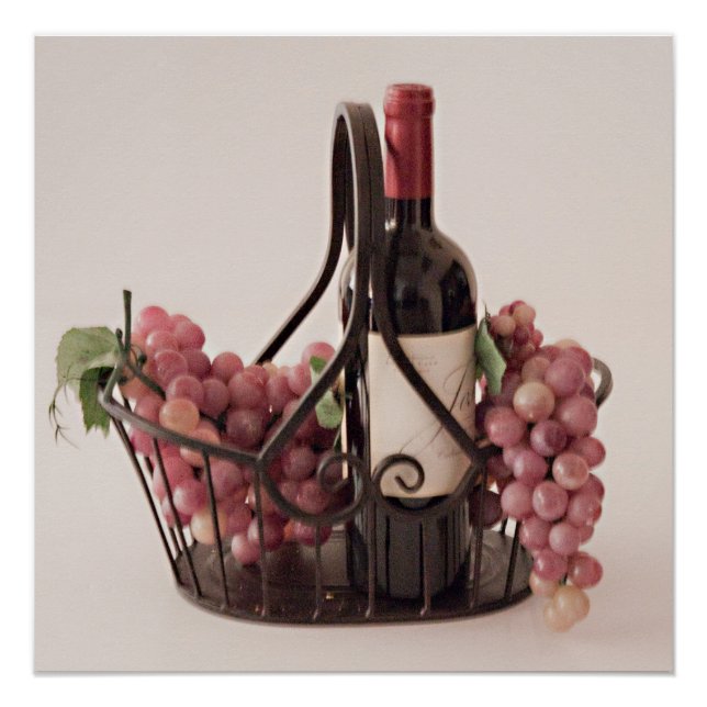 Poster Glossy Basket Wine and Grapes (Front)
