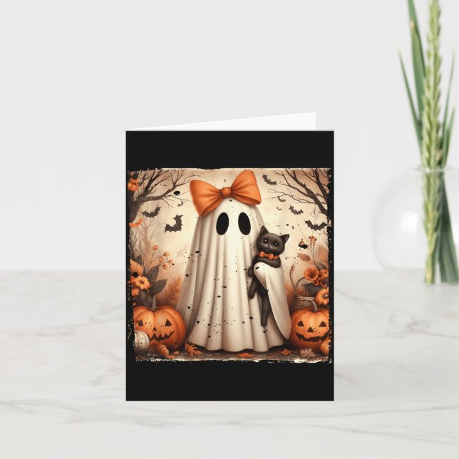 Poster Halloween Ghost Holding Black Kitten Cat Card (Front)