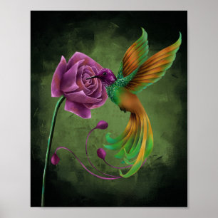 Poster of fantastical hummingbird and purple rose