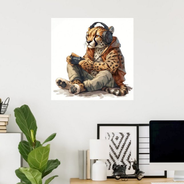 Poster or Download Gamer Cheetah for Kids  (Gamer Cheetah Funny Canvas Print for Kids Cheetah playing video games)