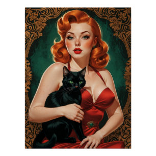 Poster Pin-up Rousse and Black Cat