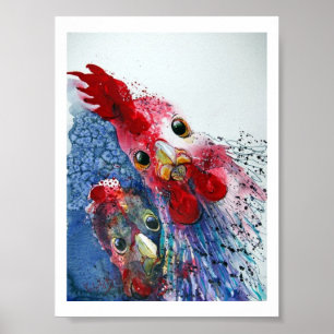 Poster - Rooster and Hen in Watercolours