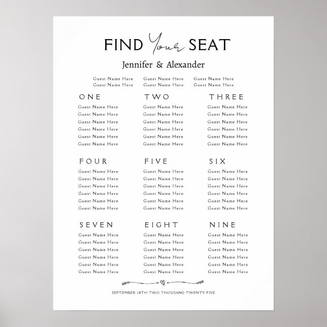 Poster Seating plan 9 tables Wedding (Front)