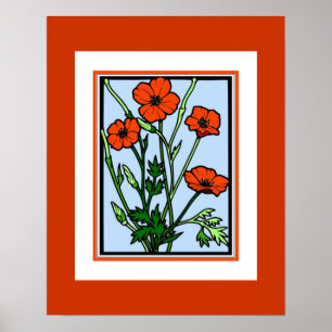 Poster Vintage Art Orange Red Poppies