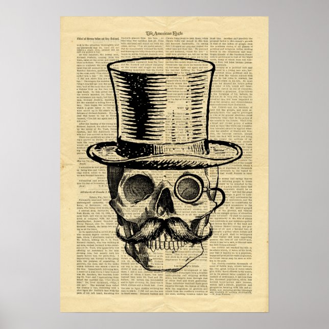 Poster vintage Skull Hat Moustache on newspaper (Front)