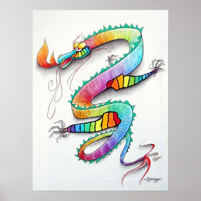 Poster w/ original art of cute technicolor dragon (Front)