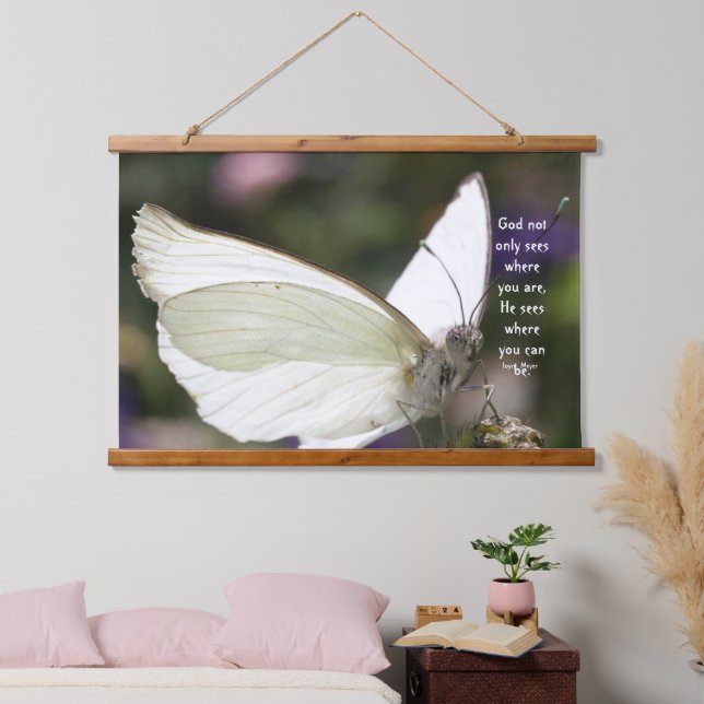 Poster White Butterfly Close-up Saying Christian  Hanging Tapestry (Bedroom)