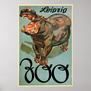Poster Zoo Leipzig Saxony, Germany Hippo Vintage