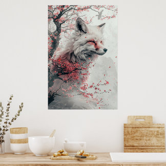 PosterKitsune Spirit – Japanese Fox in Blossom For Poster