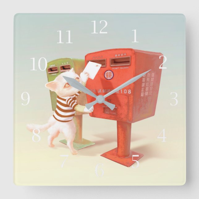 Posting Time – Cat with Taiwanese Mailbox Square Wall Clock (Front)