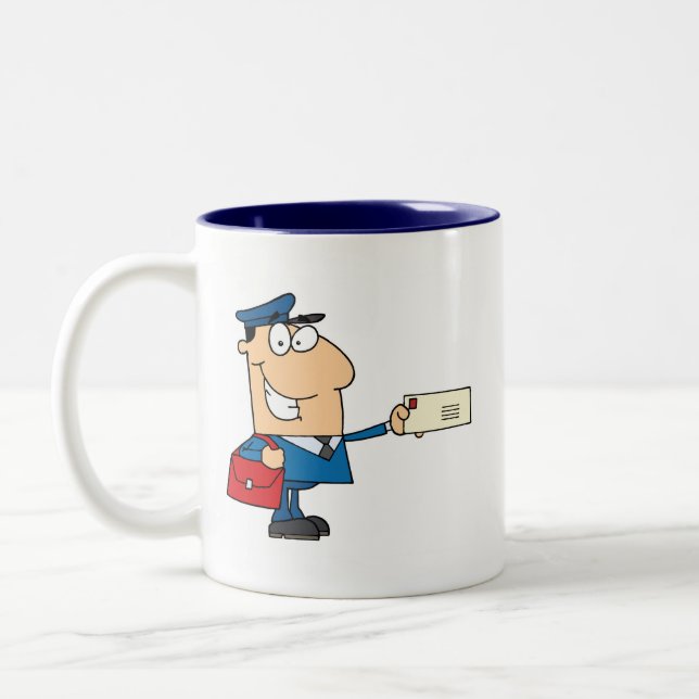 Postman postal worker cartoon mascot personalised Two-Tone coffee mug (Left)