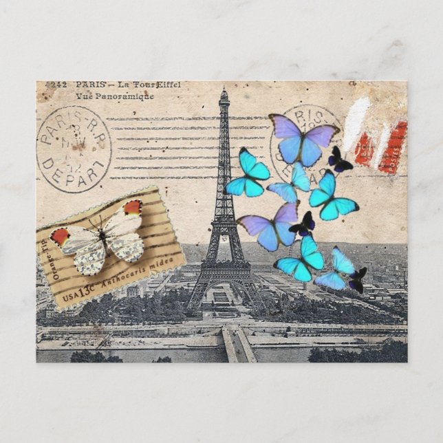 postmark scripts butterfly Paris Effiel Tower Postcard (Front)