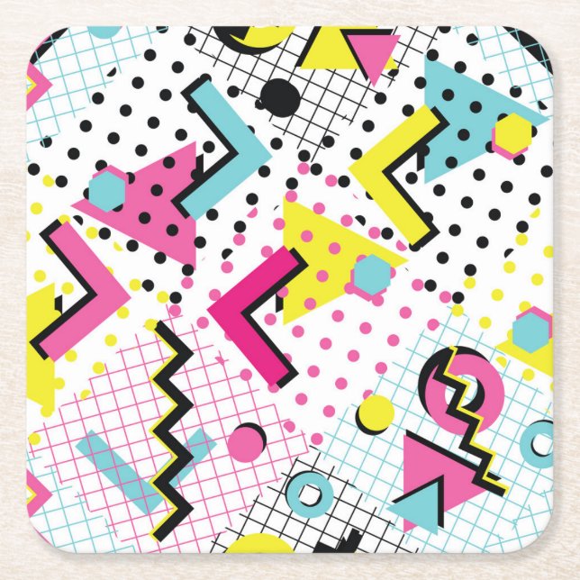Postmodern Memphis Style Pattern Square Paper Coaster (Front)