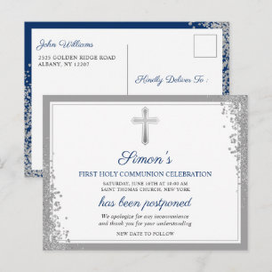 Postponed Announcement Silver First Holy Communion Postcard