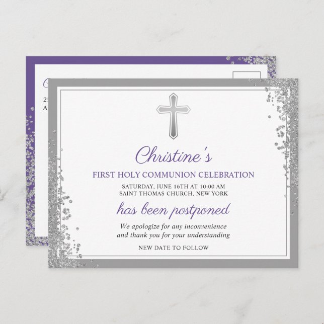 Postponed Announcement Silver Purple 1st Communion Postcard (Front/Back)