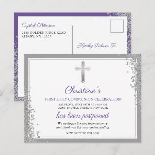 Postponed Announcement Silver Purple 1st Communion Postcard