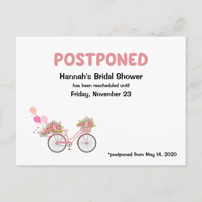 POSTPONED Bridal Shower Bike and Floral Invitation Postcard (Front)