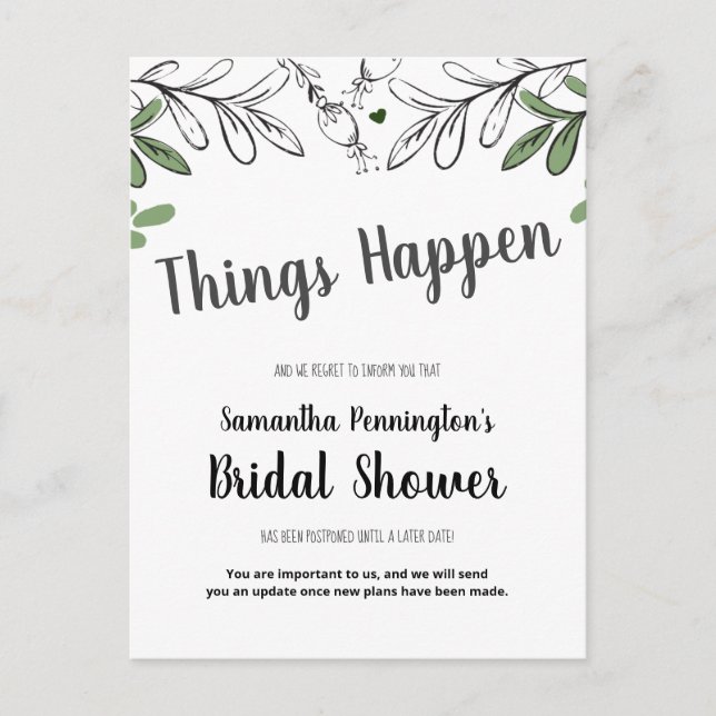 Postponed Bridal Shower whimsical vines and flower Invitation Postcard (Front)