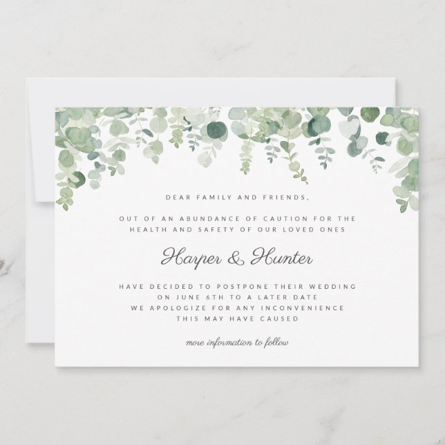 Postponed Change of Date Eucalyptus Wedding Invitation (Front)