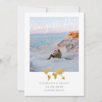 Postponed Destination Wedding Gold Map Photo