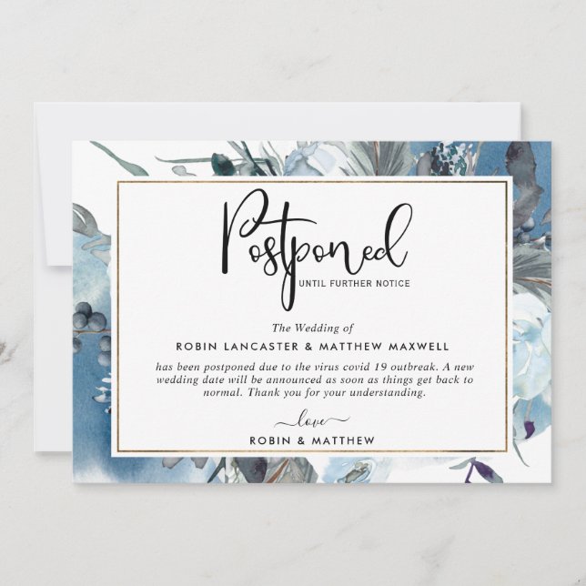 Postponed Event Announcement Blue Floral Card (Front)