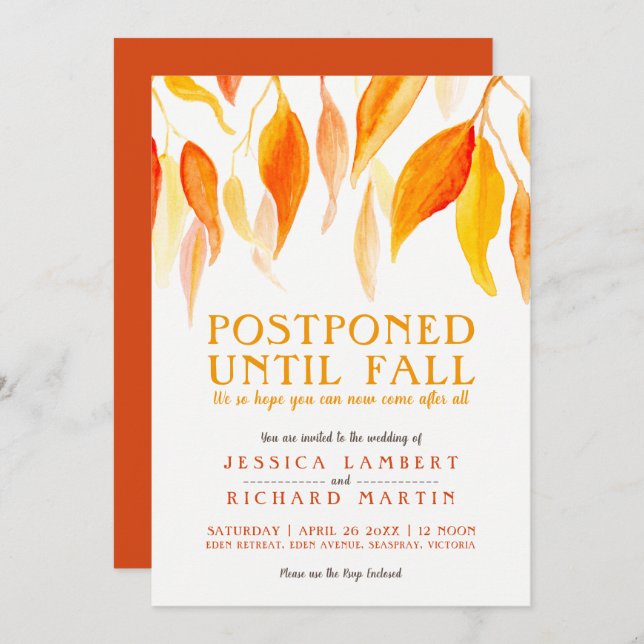 Postponed until fall orange leaves wedding invitation (Front/Back)