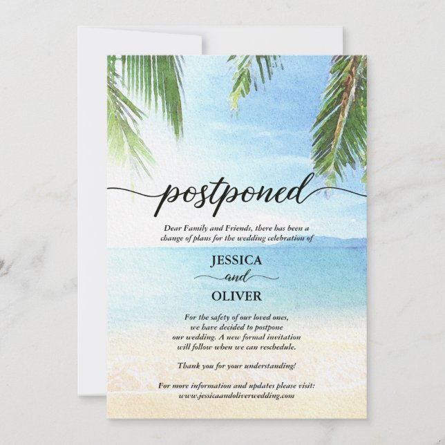 Postponed Wedding Announcement Cards Beach Theme (Front)