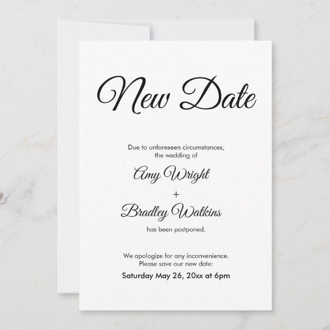 Postponed Wedding Announcement Elegant New Date (Front)