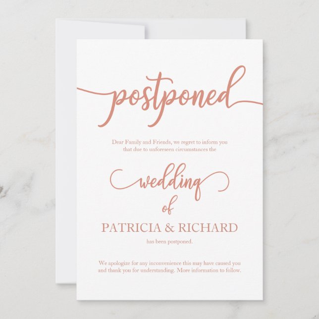Postponed Wedding Announcement Elegant Rose Gold (Front)