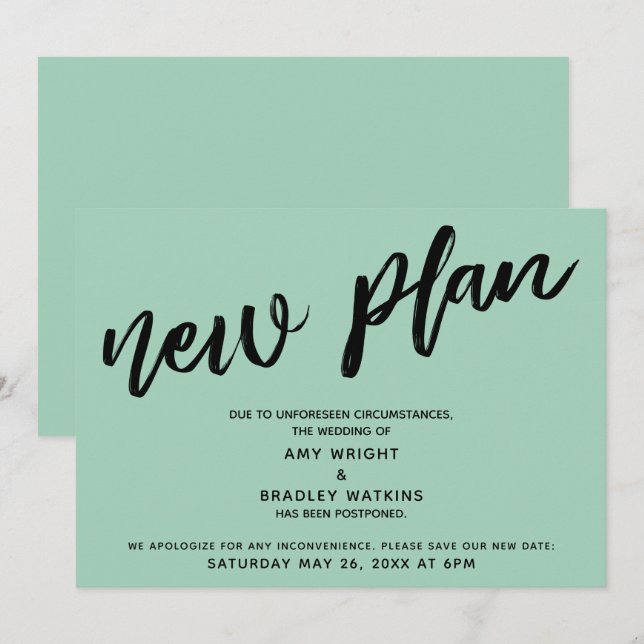 Postponed Wedding Announcement Green "New Plan" (Front/Back)