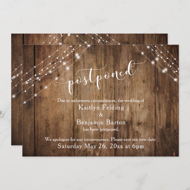 Postponed Wedding Announcement Rustic Wood Lights (Front/Back)