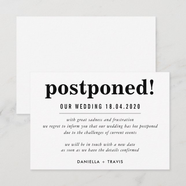 POSTPONED WEDDING announcement simple information (Front/Back)