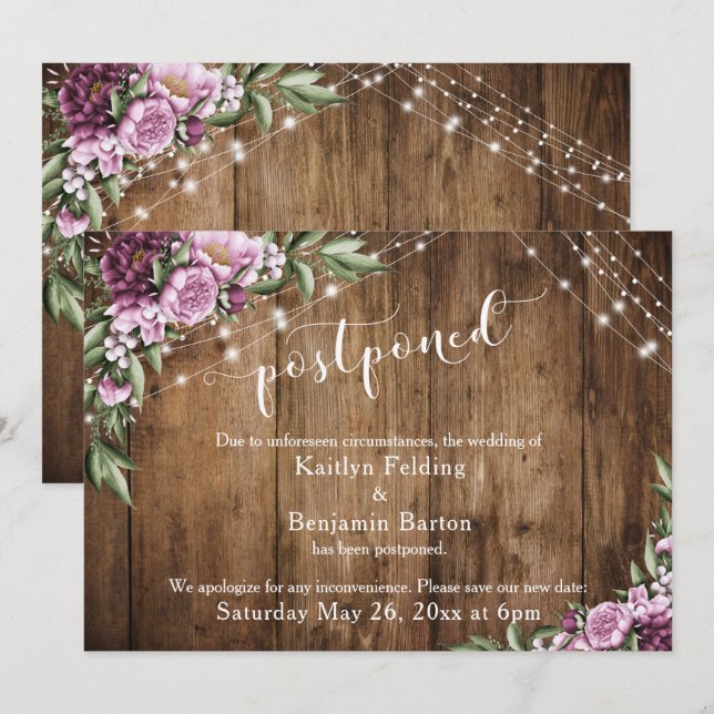 Postponed Wedding Announcement Wood Lights Flowers (Front/Back)