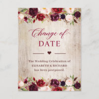 Postponed Wedding Date Rustic Wood Burgundy Floral