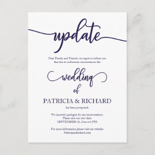 Postponed Wedding Date Update Navy Blue Script Postcard