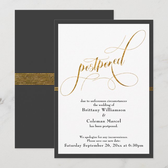 Postponed Wedding Elegant Grey & Gold Stripe Card (Front/Back)
