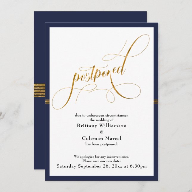 Postponed Wedding Elegant Navy & Gold Stripe Card (Front/Back)