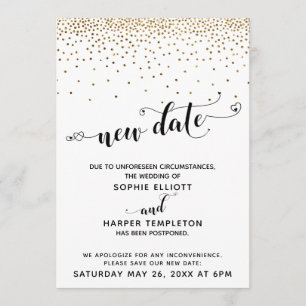 Postponed Wedding Gold Confetti & Hearts New Date Invitation