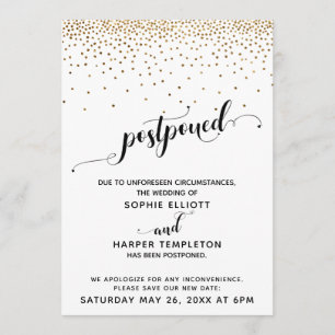 Postponed Wedding Gold Confetti & Hearts Script Invitation