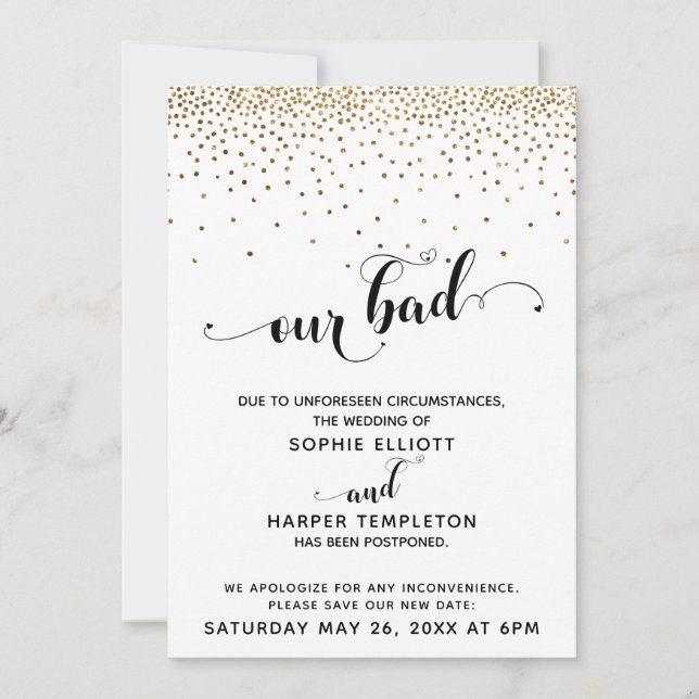 Postponed Wedding Gold Confetti & Hearts Whoops Invitation (Front)