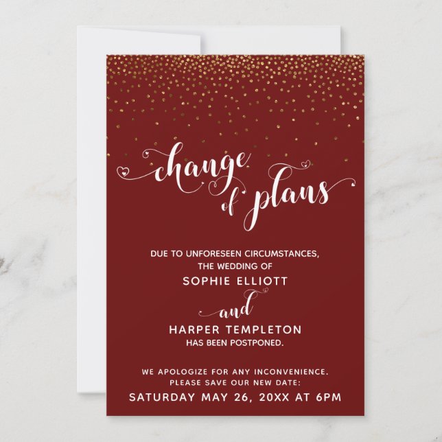 Postponed Wedding Gold & Red Change of Plans Card (Front)