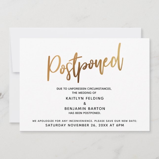 Postponed Wedding Gold Typography Announcement  (Front)