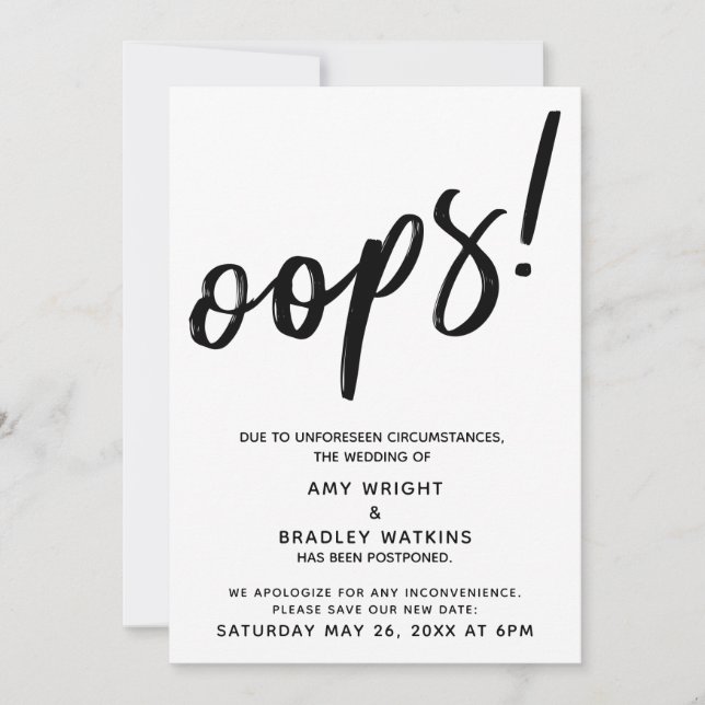 Postponed Wedding Humourous "Oops!" Announcement (Front)
