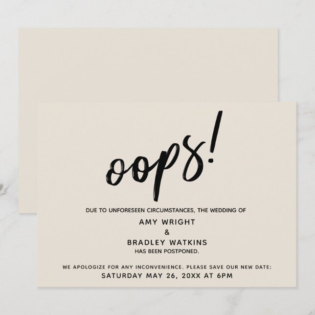 Postponed Wedding Humourous "Oops!" Cream Card (Front/Back)