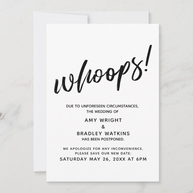 Postponed Wedding Humourous "Whoops!" Announcement (Front)