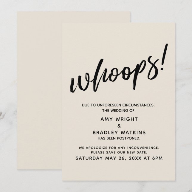 Postponed Wedding Humourous "Whoops!" Cream Card (Front/Back)