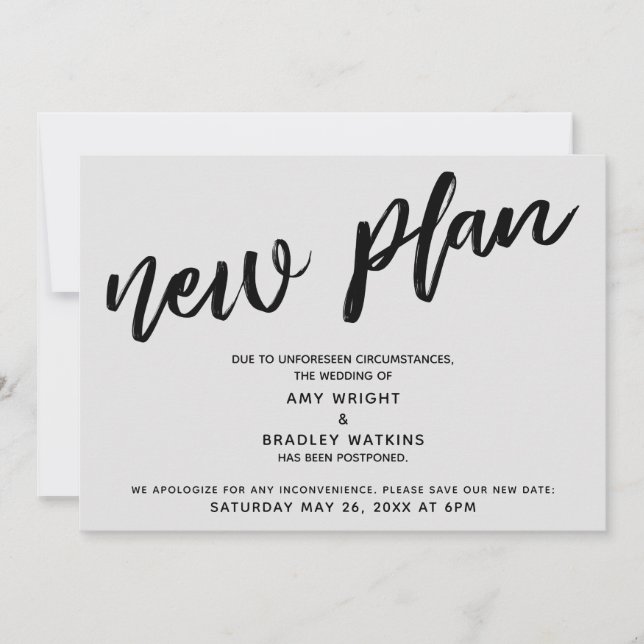Postponed Wedding New Plan Grey Announcement (Front)