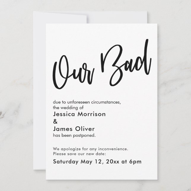 Postponed Wedding "Our Bad" Hand Announcement (Front)