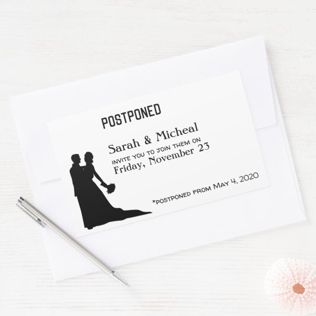 POSTPONED Wedding Silhouette Couple Rectangular Sticker (Envelope)